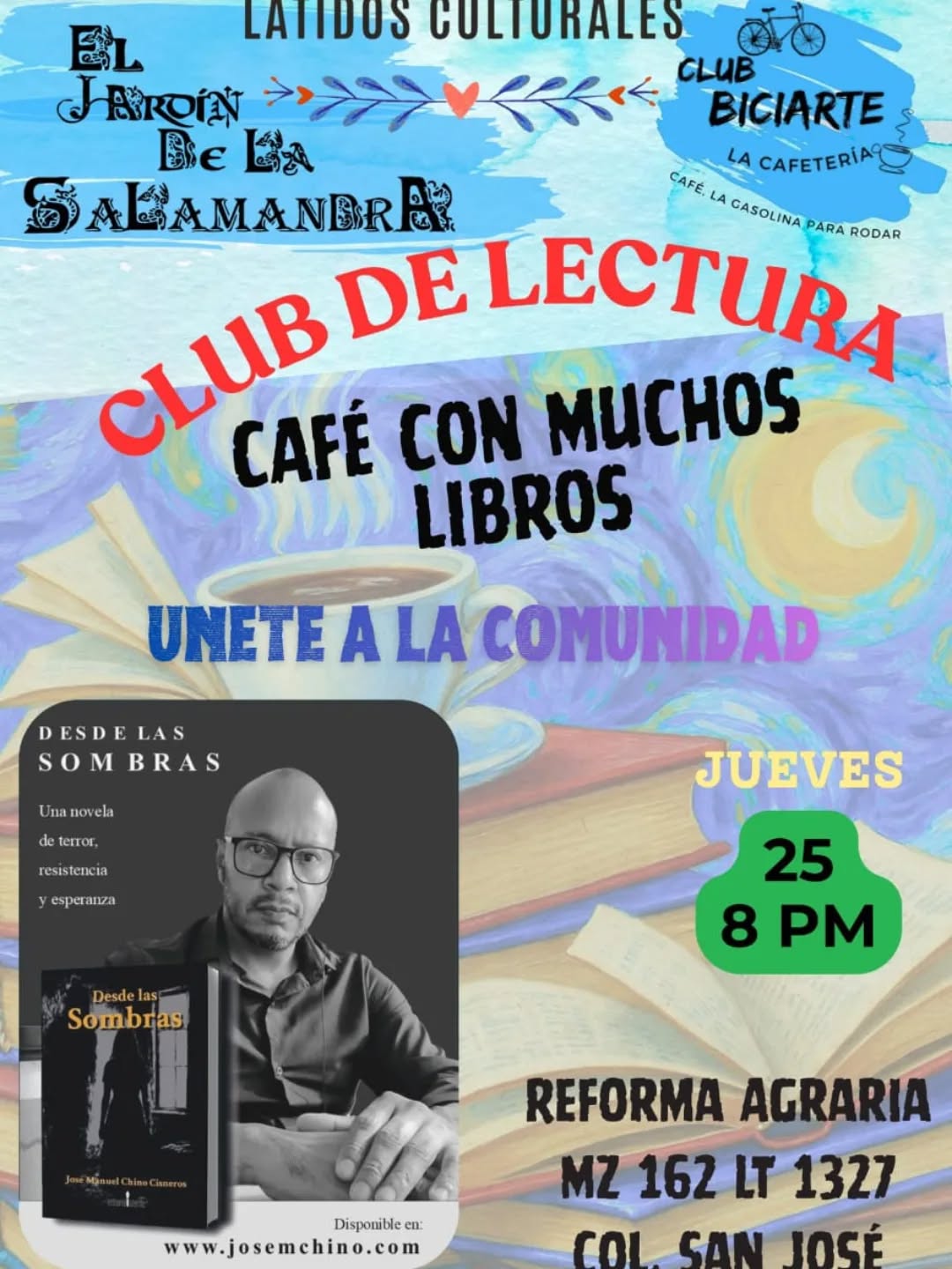 Nos vemos el próximo jueves 25 de junio a las 20:00 hrs en el Club de Lectura de la cafetería @biciartelacafeteria
¡Gracias a El Jardín de la Salamandra por invitarme!
¡A leer se ha dicho!
#clubdelectura #tláhuac #novela #literatura #caféyletras